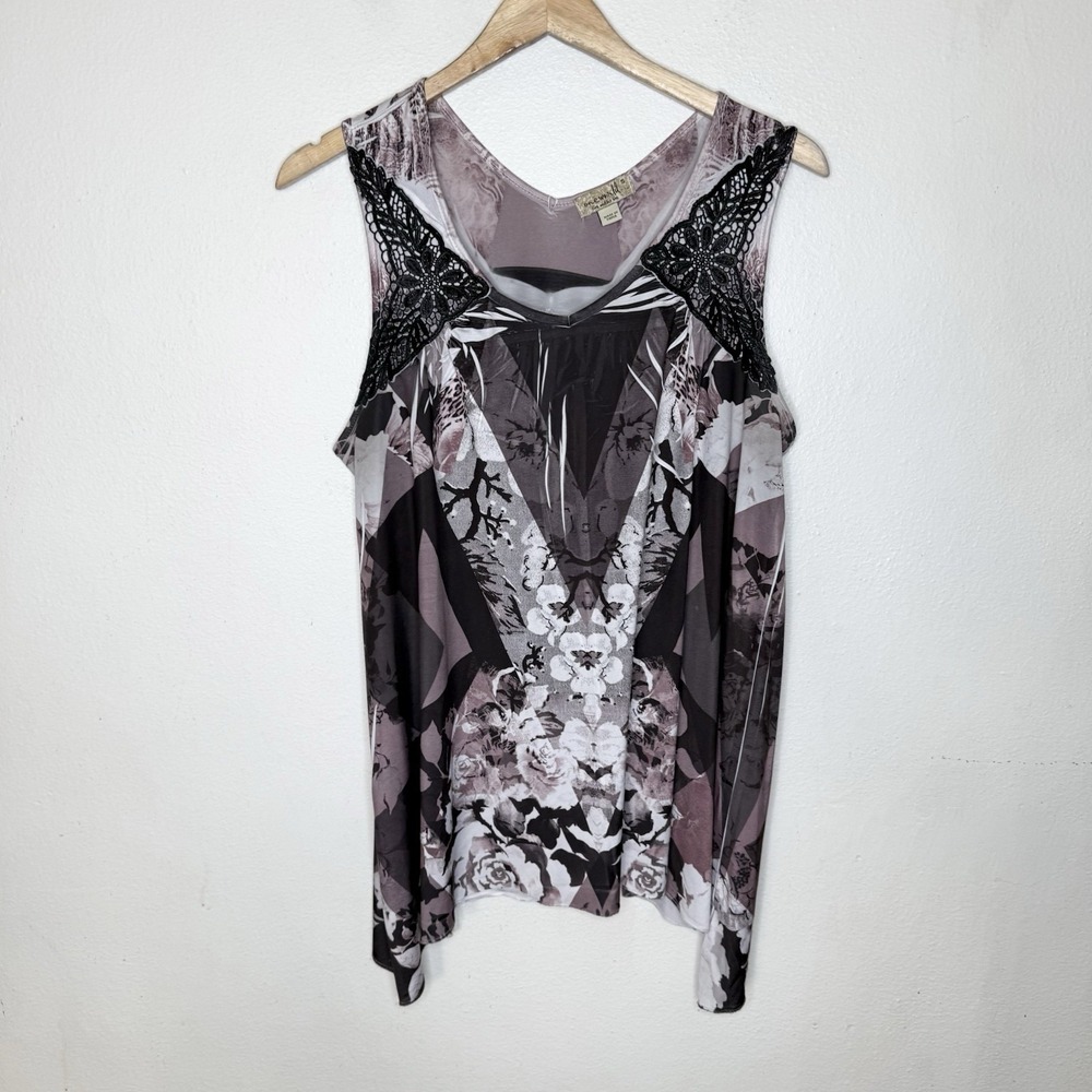 One World Purple Black Lace Stretch Sleeveless Tank Top Women's Small